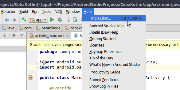Fitur find actions android studio