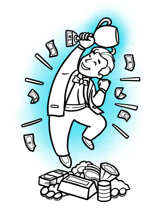 Cartoon character standing on a pile of money, holding a trophy, jumping up and down