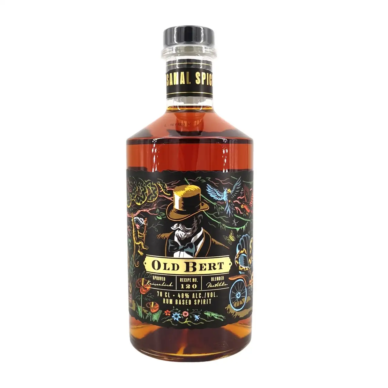 Image of the front of the bottle of the rum Old Bert Jamaican Spiced (Recipe No. 120)