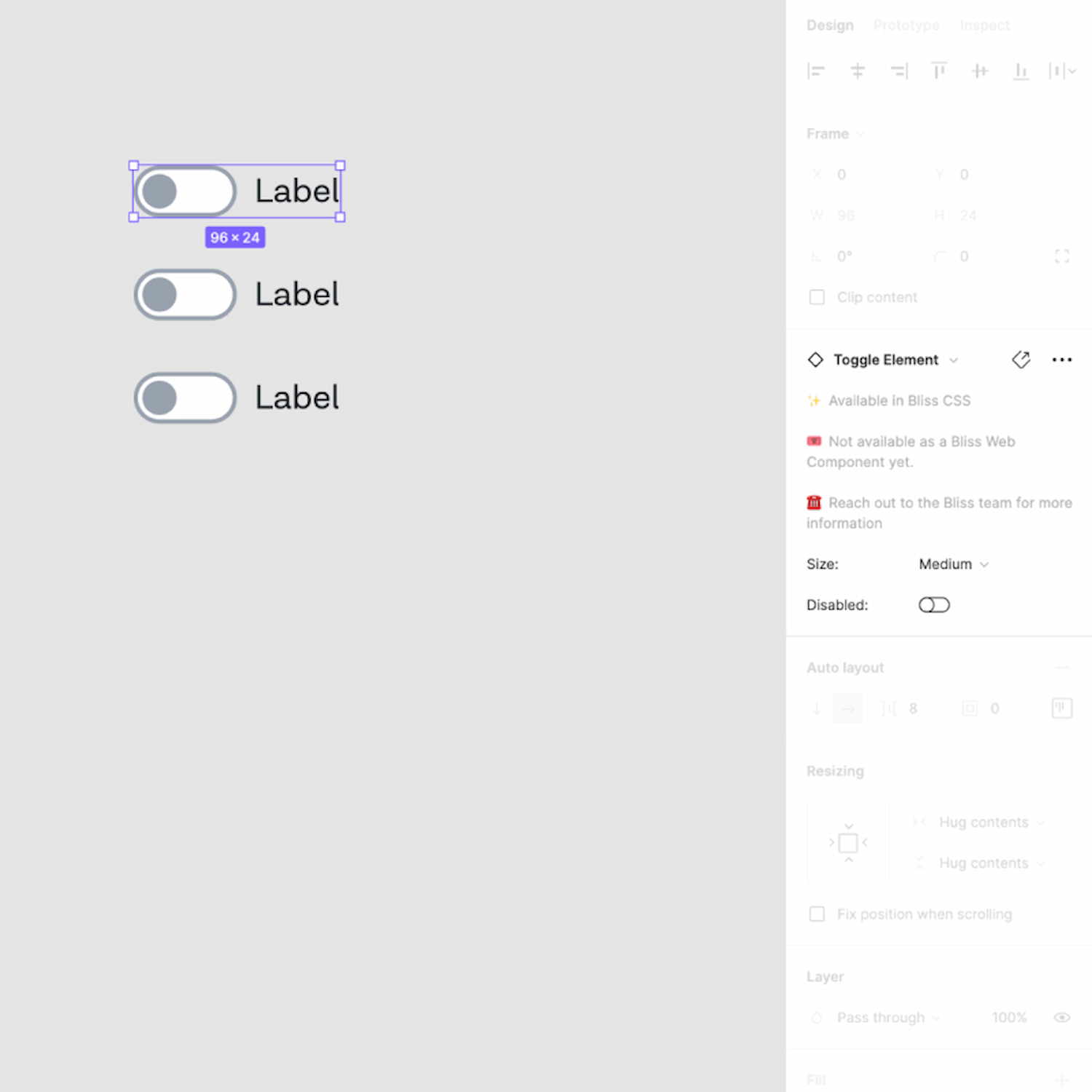 Screenshot from Figma showing three toggle components with the variant sidebar and additional information.
