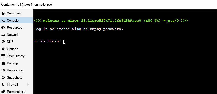 Screenshot of nixos default login prompt in a Proxmox container on the Console tab