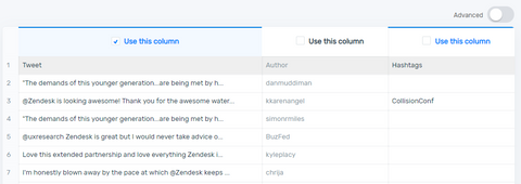 Model builder: pasul pentru a selecta coloana de date Twitter pe care doriți să o analizați