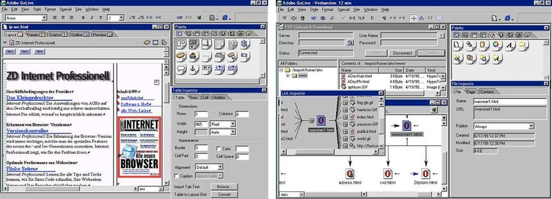 Adobe GoLive 4.0, released in 1999. Screenshots: Thomas Wassmer Adobe GoLive
