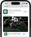 A close up of an app store in-app event card showing a horse racing event happening now