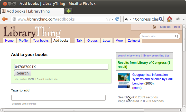 Adding a book using the LibraryThing Add Books tool