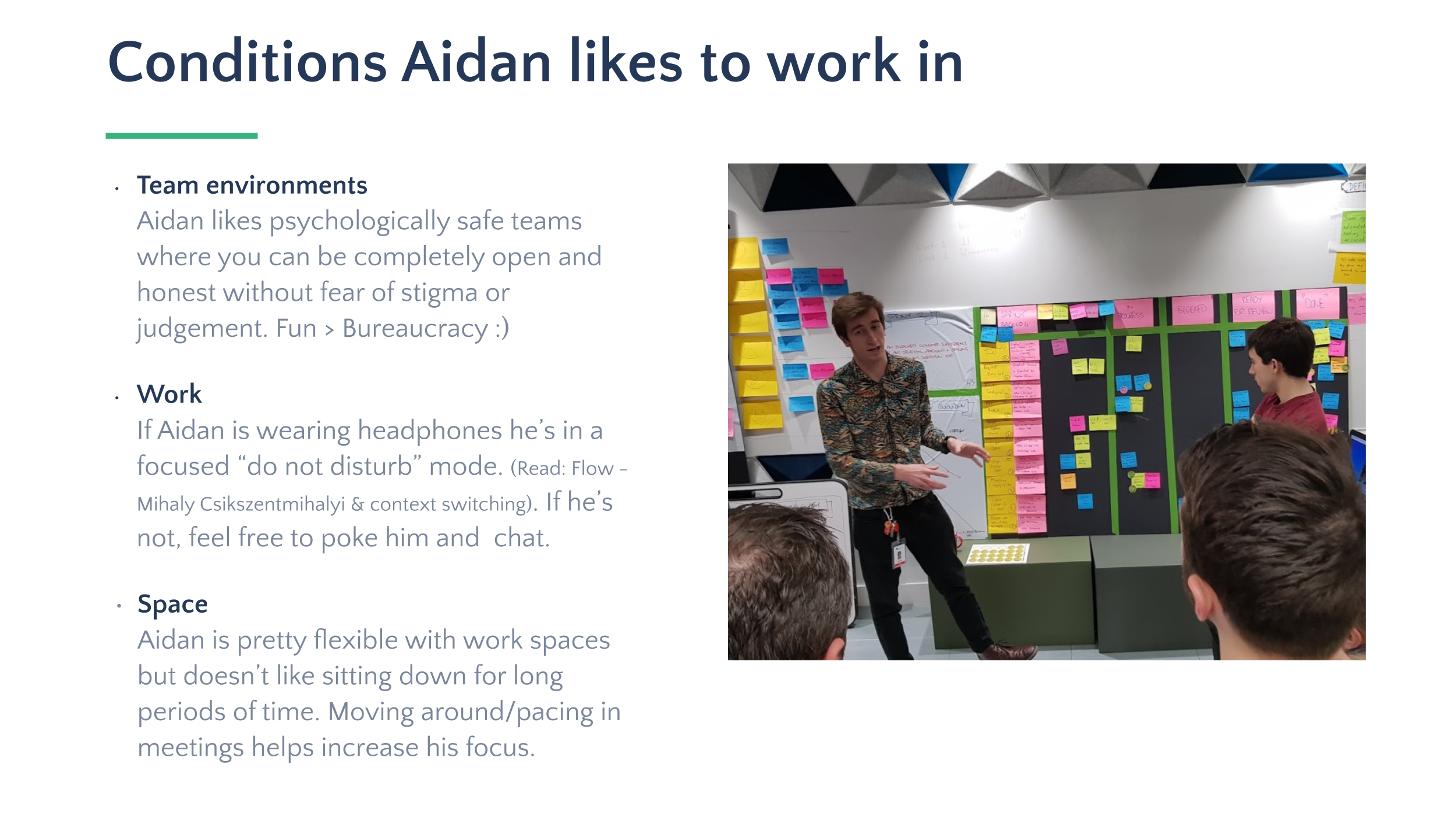A screenshot of a segment of Aidan's personal user manual talking about preferred working conditions