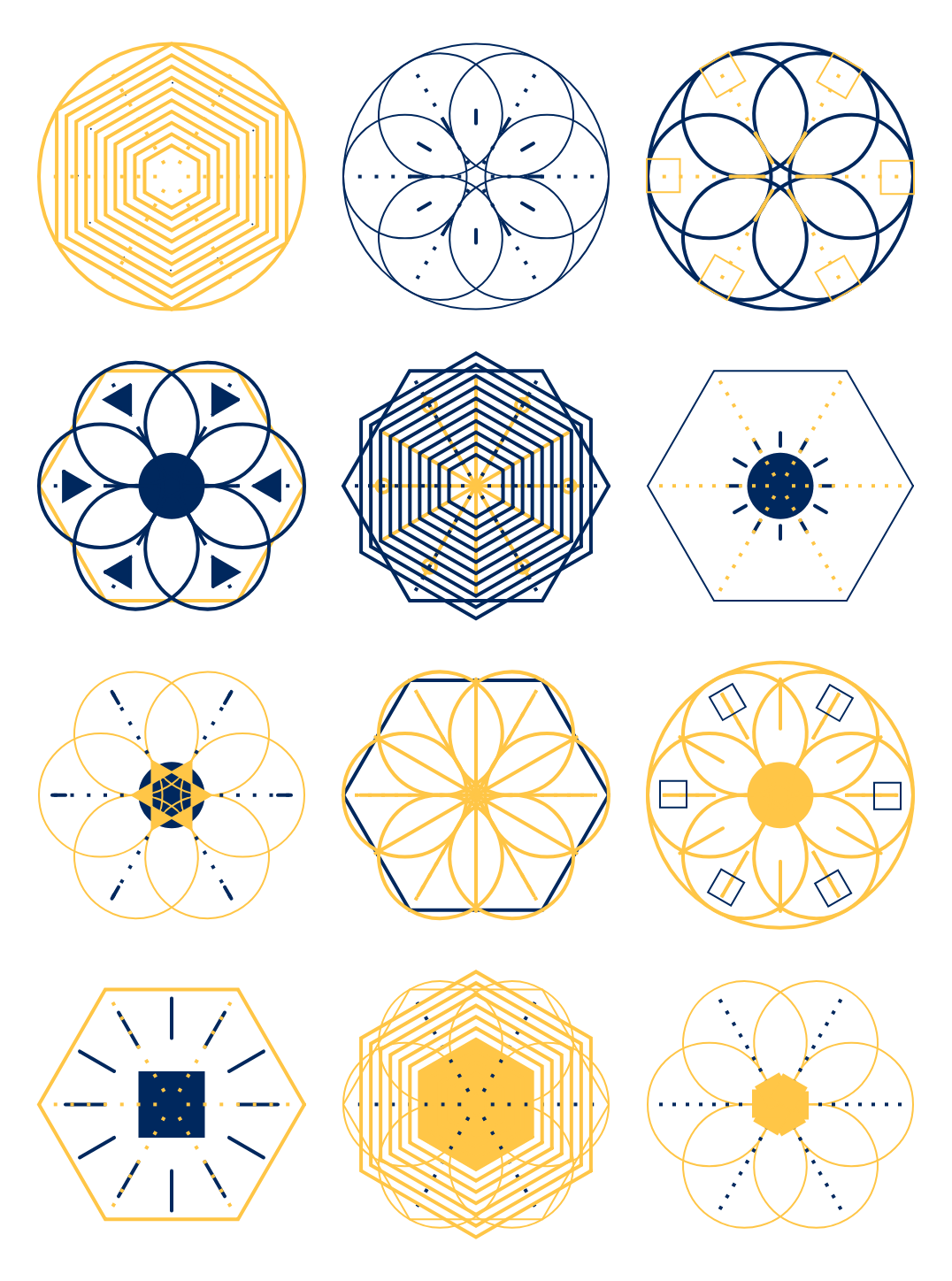 12 crystals made by a generative design system on a 3×4 grid