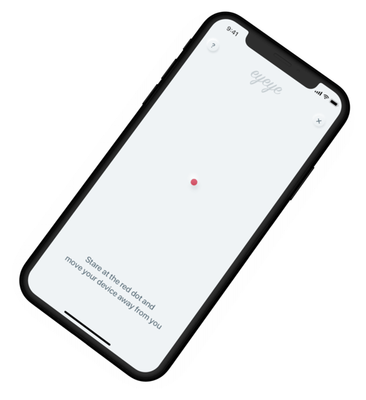 A screenshot shows the app instructs you to stare at the red dot and move your device away from you.