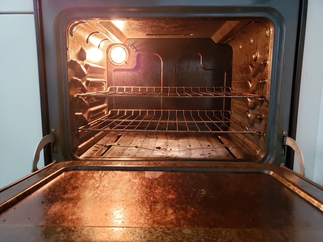 view inside dirty oven