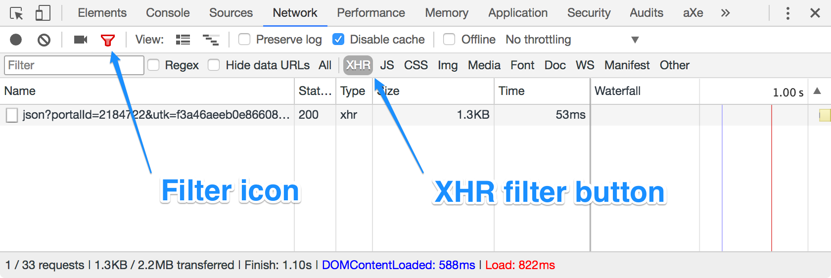 Visual instructions for selecting the XHR filter under the Network tab of Chrome DevTools