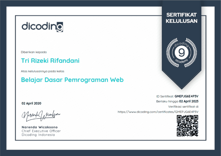 Belajar Dasar Pemrograman Web Certificate by Rifandani