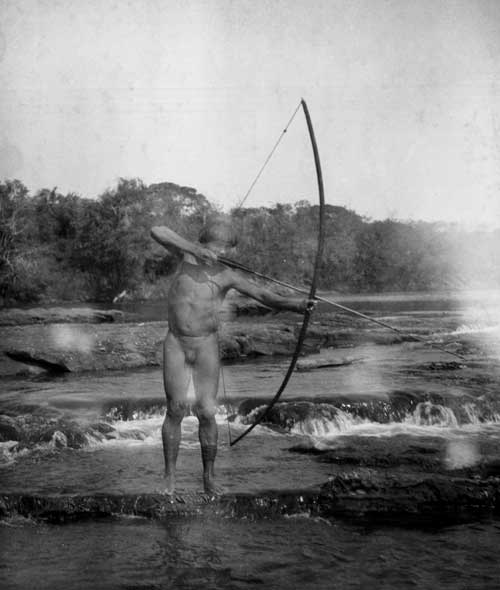 An Indian in the Xingu fishes with bow and arrow, in 1937. Many scientists believed the Amazon could not provide sufficient food to sustain a large, complex civilization.