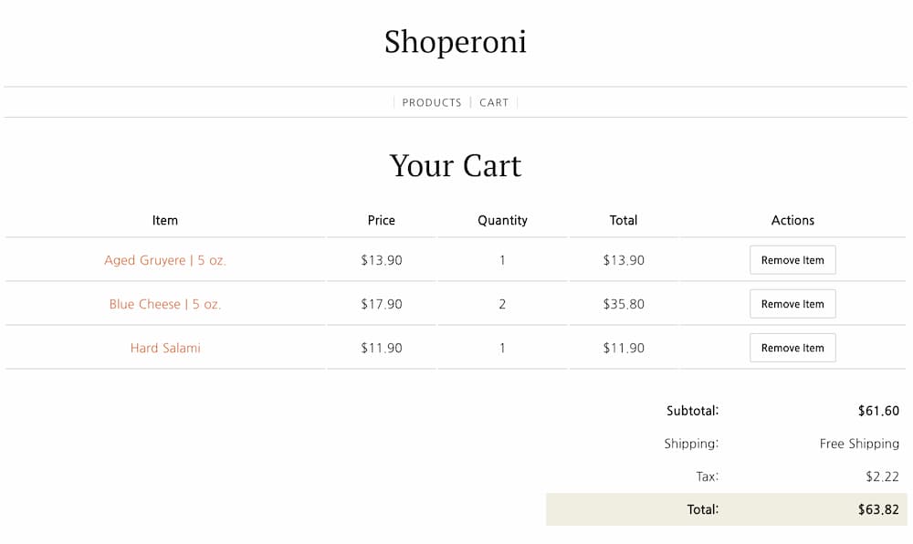 screenshot of cart page with items our Angular build template