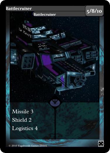 An early mockup of a Battlecruiser card, with a stat block on the lefthand side of the text box