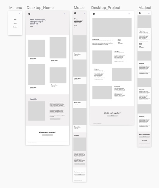 Wireframes of website layout.