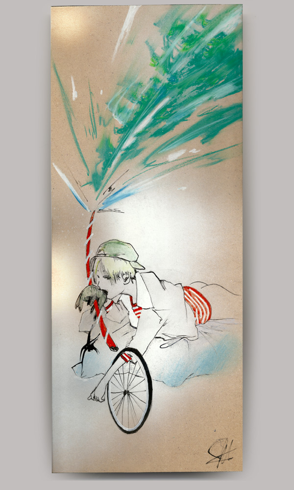 An acrylic painting on wood panel, titled 'Women Who Flirt', of a woman lying on a blue futon wearing a white jacket and backwards baseball cap with her rear exposed. She is biting down on a dead rabbit that is holding a roman candle that is shooting out green foliage. A bicycle tire dangles from her right arm.