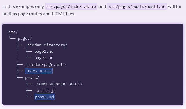 screenshot of astro docs demonstrating the project structure in a plaintext code block. Some files are highlighted to aid in explanation.