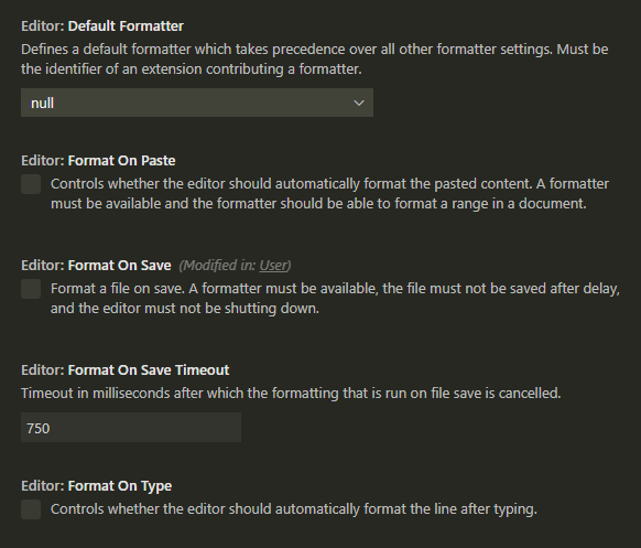 Automatic formatting settings in VS Code