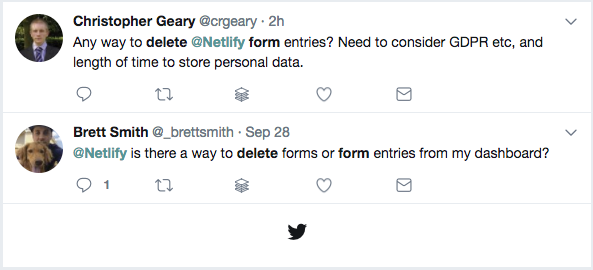 User tweets requesting deleting form submissions.