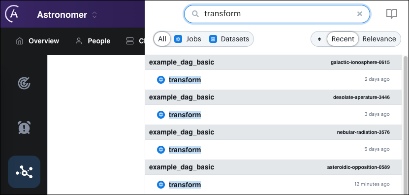 Example query in the lineage search bar