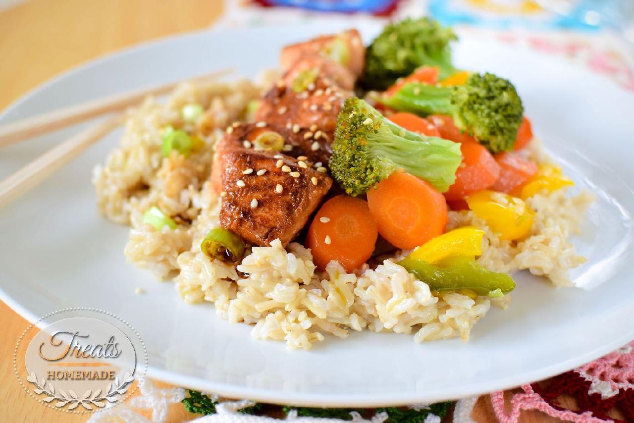 Asian Flavored Salmon, Rice and Vegetables Treats Homemade