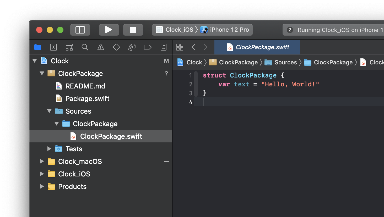 Xcode project after adding the Swift package *ClockPackage*