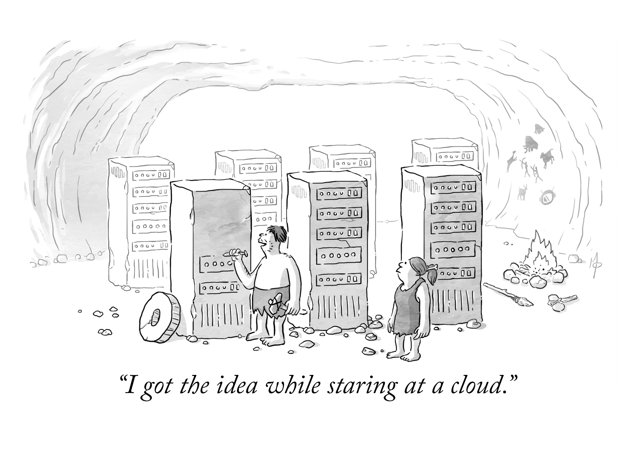 New Yorker style illustration of a caveman and woman inside a cave. The man is carving a server rack out of stone. The caption reads: I got the idea while starting at a cloud