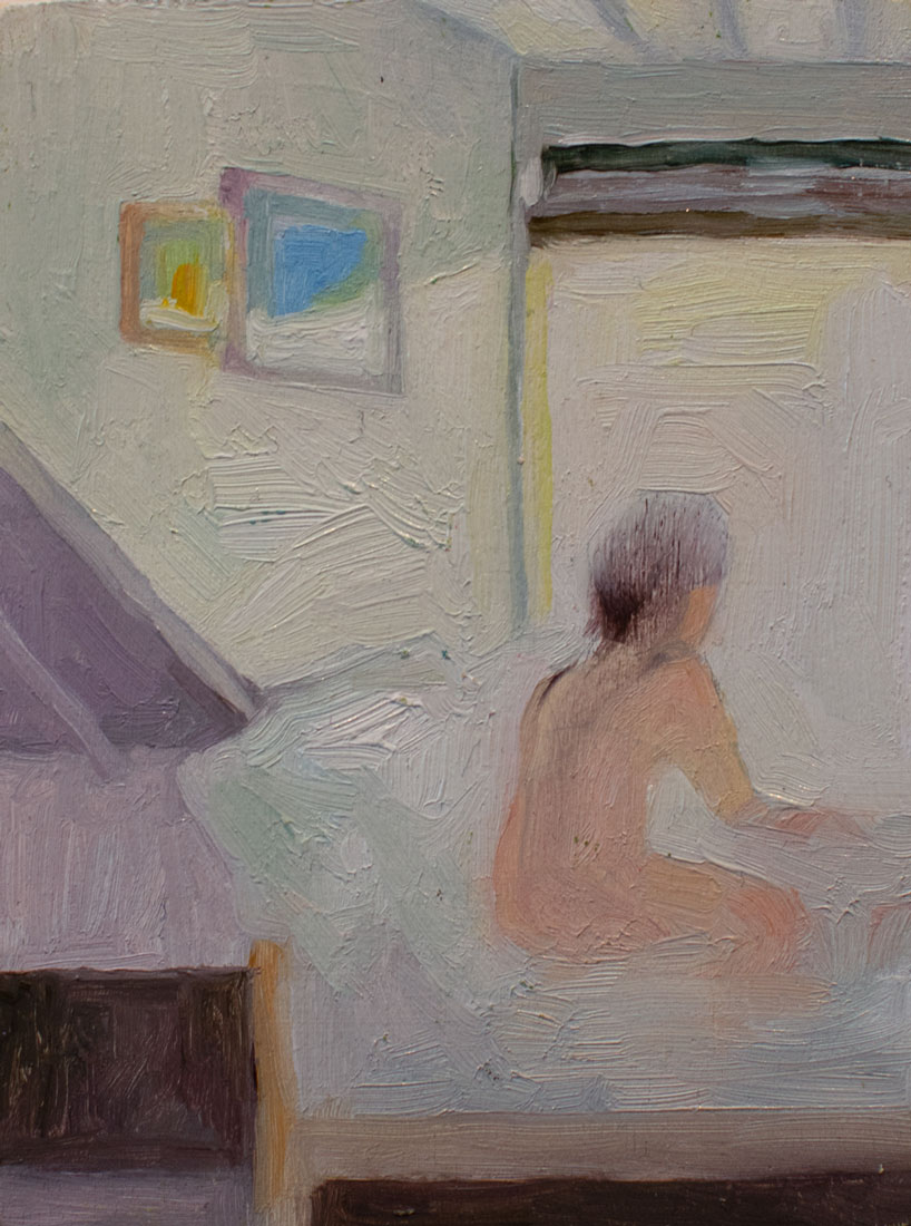 Hazy painting of a figure sitting in a loft bedroom, looking towards an open window