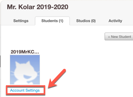 Screenshot of "Students" tab with an arrow pointing to the "Account Settings" link under one student's username