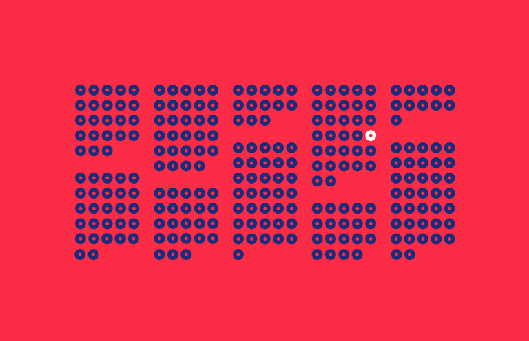 A bright red background with 249 blue dots, and one white dot.