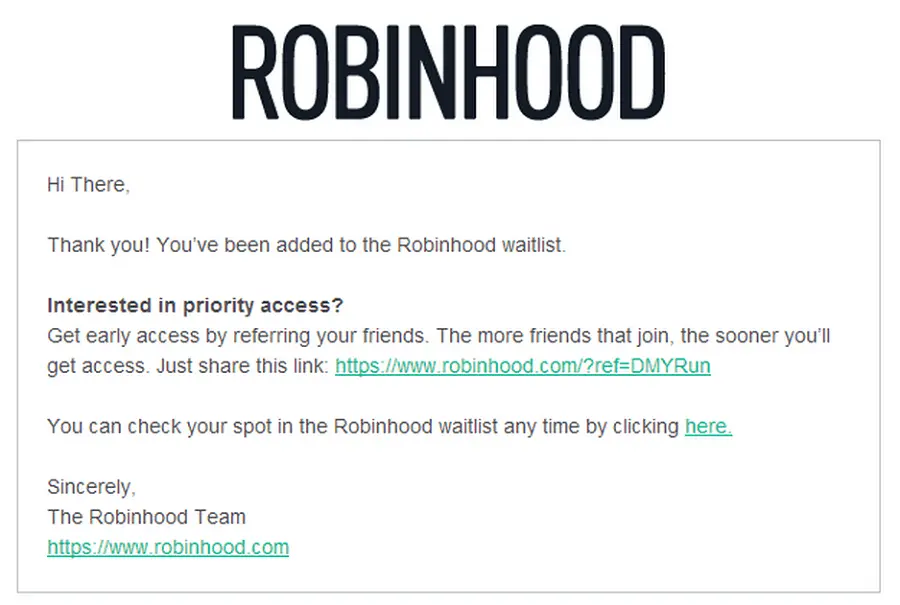 robinhood waiting list thank you email