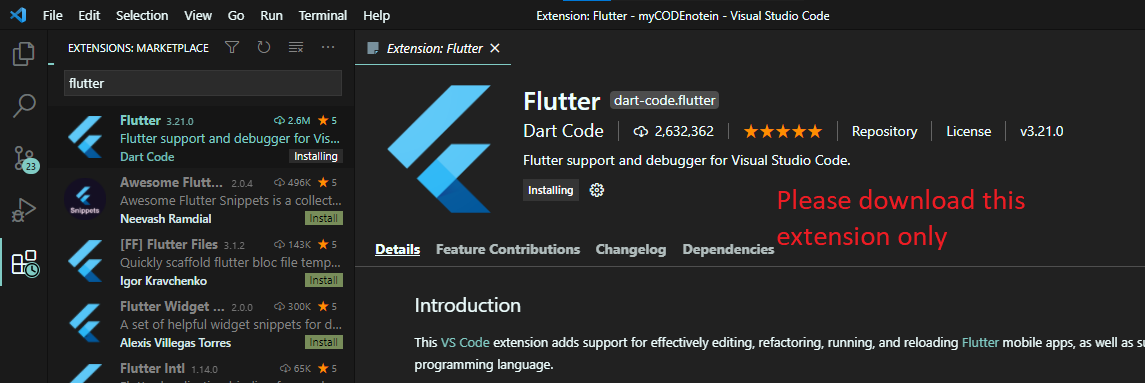 Download flutter extension