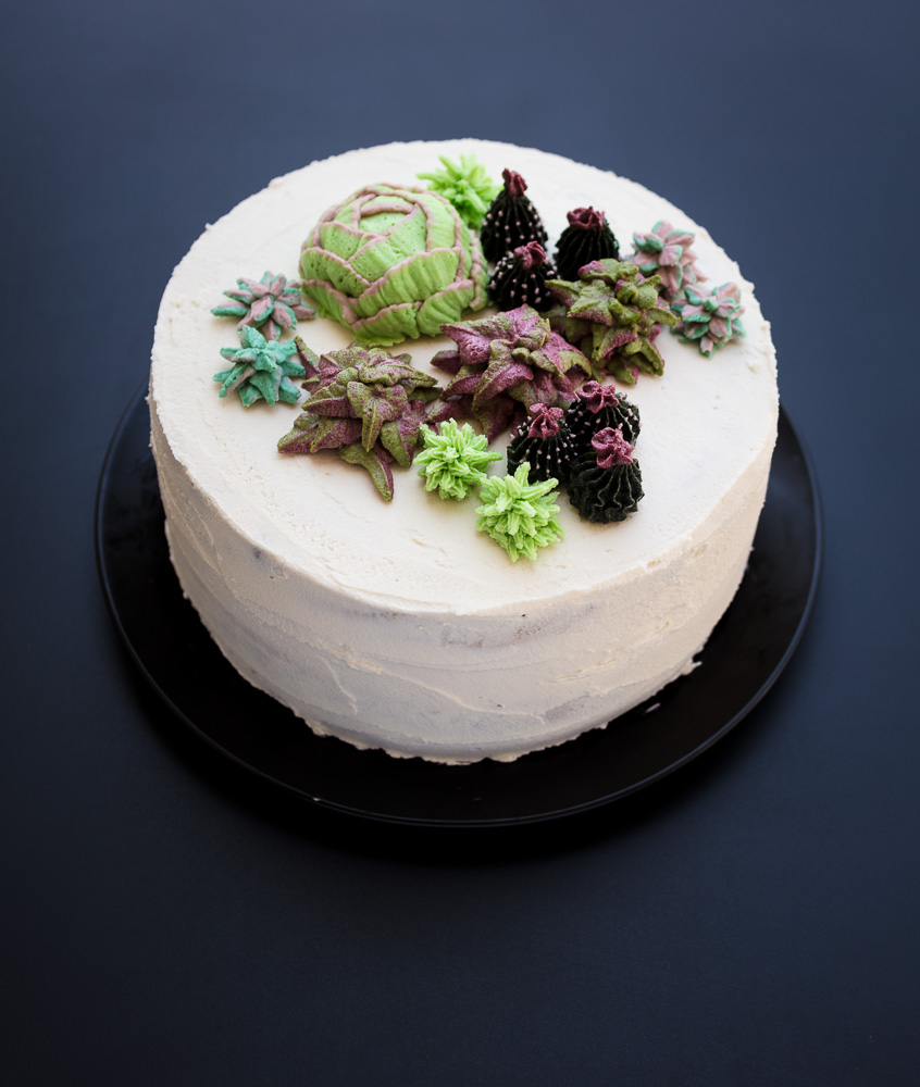vegan banana peanut butter cake with buttercream succulent plants on top