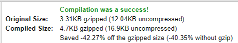 Image showing that after compiling my file sizes went from 3.31KB gzipped to 4.7KB gzipped, gaining -42.27%