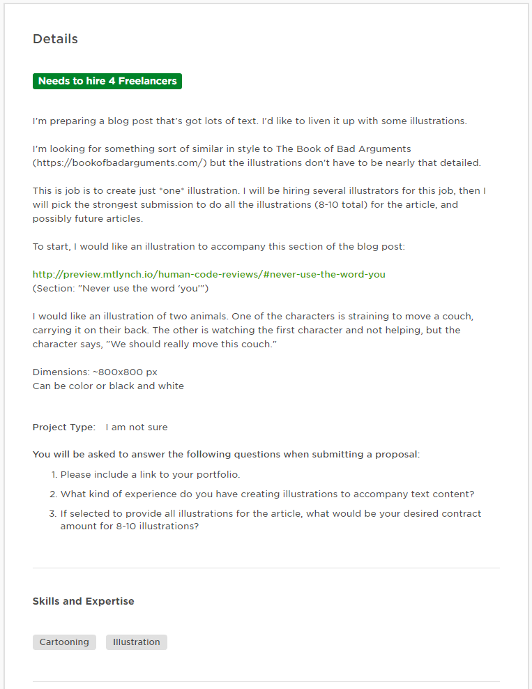 Screenshot of job posting on Upwork