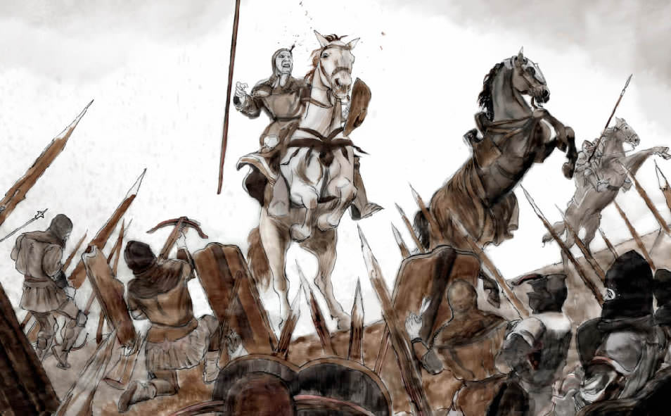 Storyboard animatique, Avant-garde de la cavalerie arrêtée par la défense portugaise