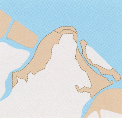 A illustrated map of reclaimed land in Punggol. The reclaimed areas are along the east and west coasts of Punggol Point, and the south bank of Coney Island.