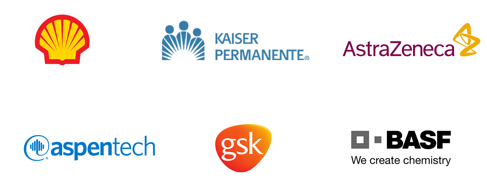 Logos of Shell, Kaiser Permante, AstraZeneca, Aspen Technology, GlaxoSmithKline, and BASF