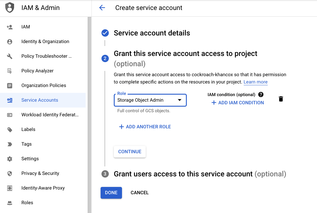 Adding the workload identity role to the service account users role box