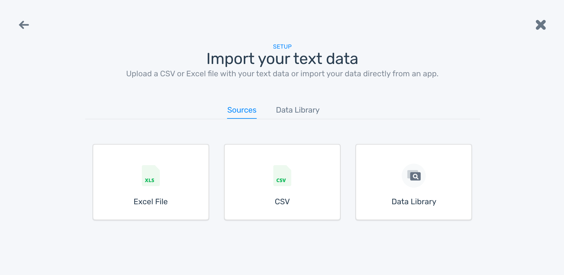 The option to choose CSV or Excel to upload your Twitter data. Or, use data from the data library