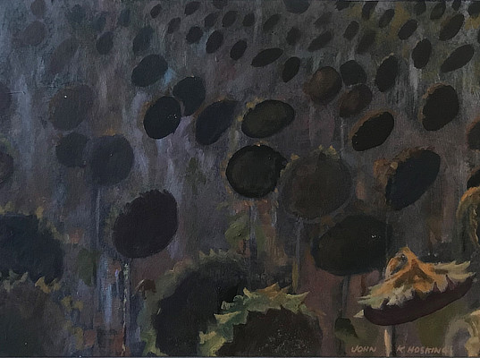 dark painting of a field of sunflowers