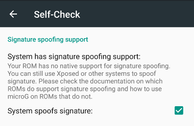 MicroG Self Check on patched LineageOS with spoofing checked.