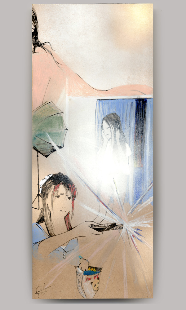 An acrylic painting on wood panel, titled 'Nude', collaging the backside of a nude woman, a woman's in a photoshoot whose body is disappearing in a flash of light, and another woman watching tv while eat chips. The remote control has fireworks shooting out.