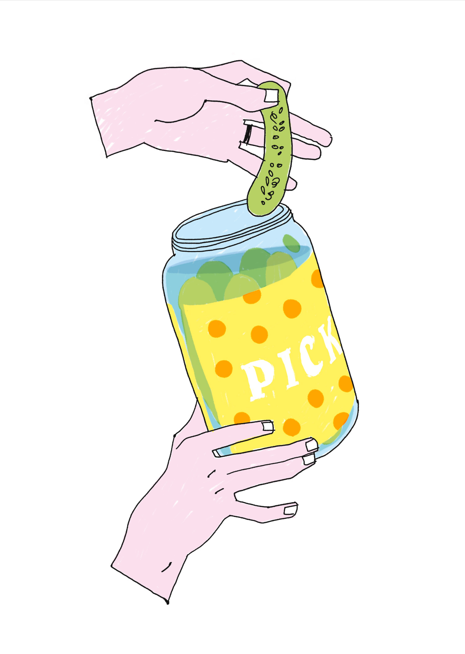 spot illustration of hands pulling a pickle out of a pickle jar