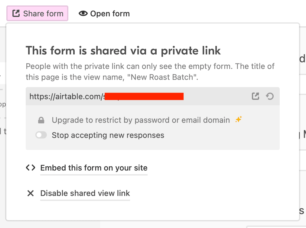 Screenshot of Airtable form sharing link