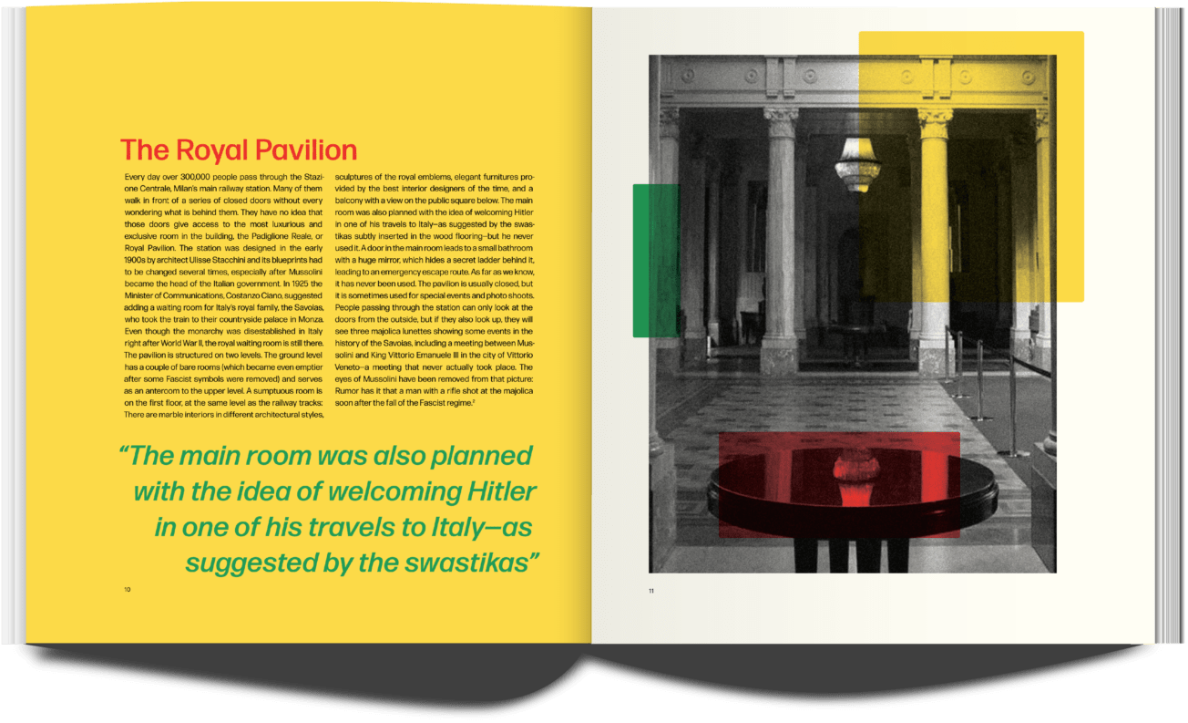 a publication spread. Page title: The Royal Pavilion. The text describes the royal waiting room inside Milan Central Station. Quote: The main room was also planned with the idea of welcoming Hitler in one of his travels to Italy, as suggested by the swastikas.