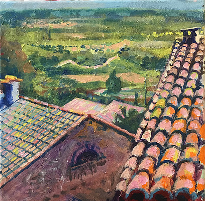 painting looking down at rooftops and fields beyond