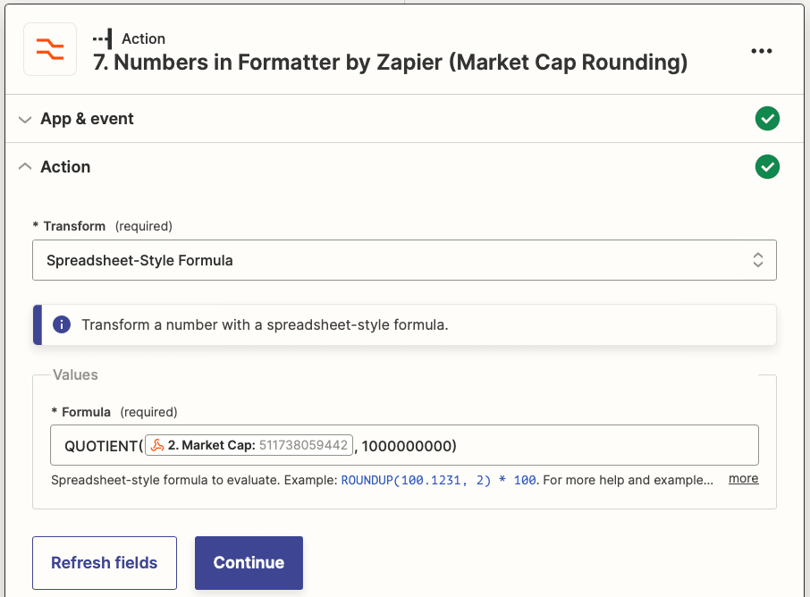 Screenshot of Zapier Formatter by Zapier Numbers action (Market Cap Rounding)