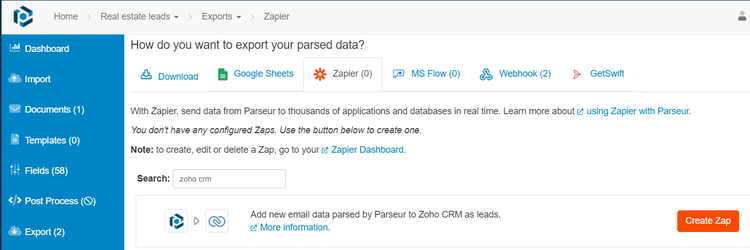 Click on create zap in the Parseur app