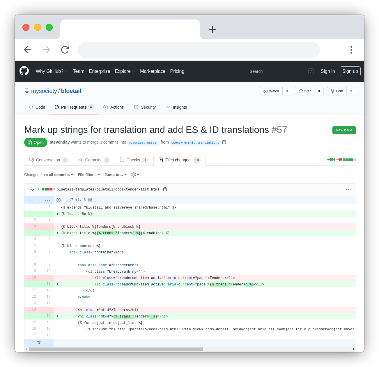 Screenshot of a GitHub pull request we've made to the Bluetail codebase